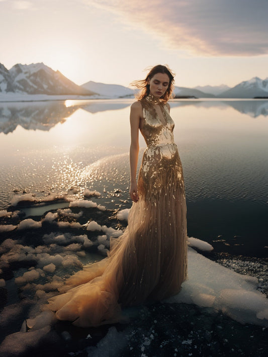 Modella in abito dorato scintillante su una superficie ghiacciata al tramonto, con paesaggio montano innevato riflesso nell'acqua. Eleganza e contrasto tra lusso e natura selvaggia. Fotografia artistica e fashion in ambiente invernale.