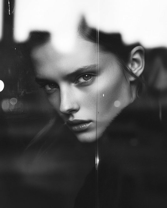 Ritratto in bianco e nero di una donna con sguardo intenso, riflesso su una vetrina con luci soffuse e sfondo urbano sfocato. Fotografia artistica ed emotiva con forte contrasto e atmosfera cinematografica.