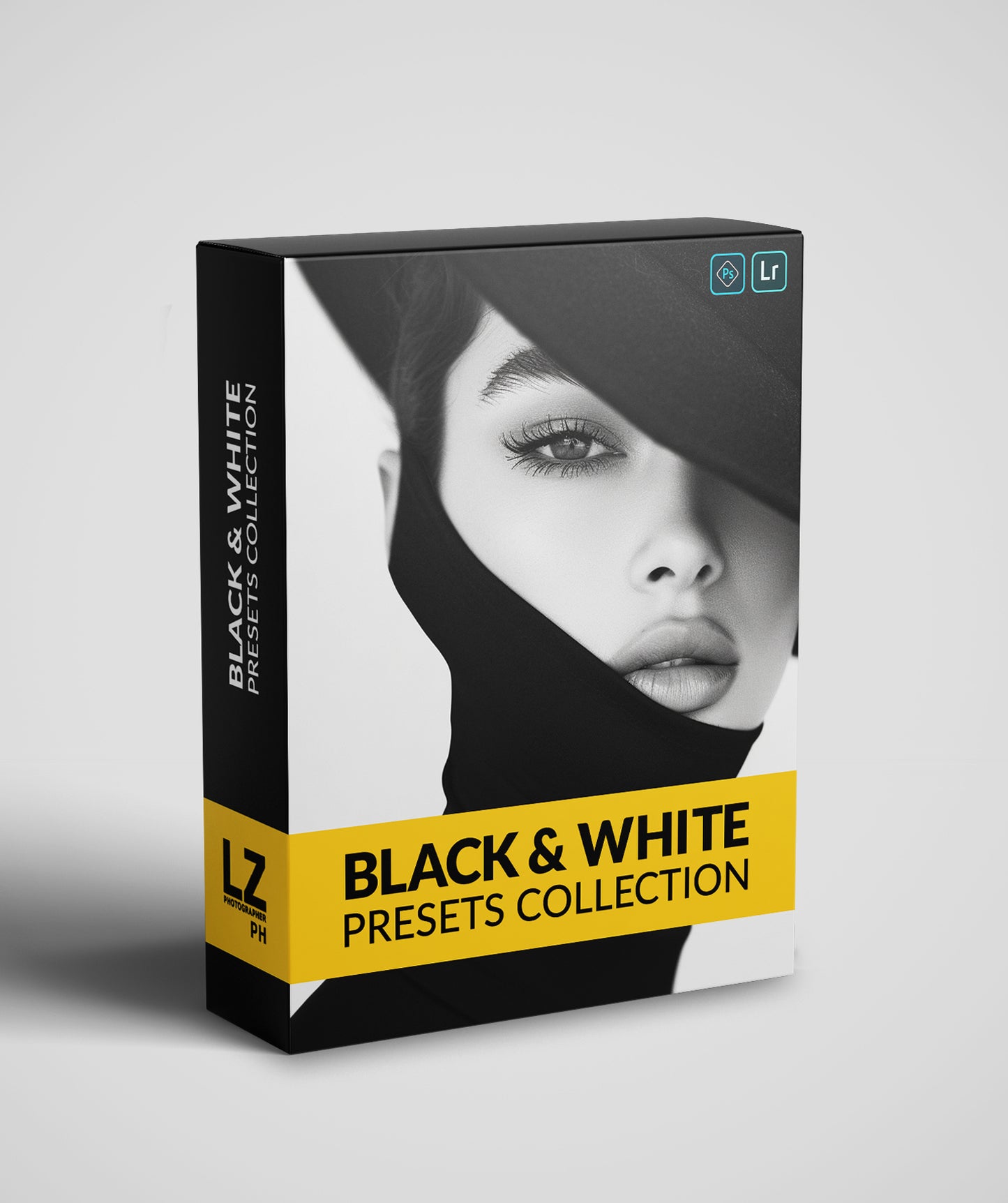 This image shows the packaging of the Black & white preset. In this box there is a girl with a big hat and a shoe that covers her face except her mouth and eyes.