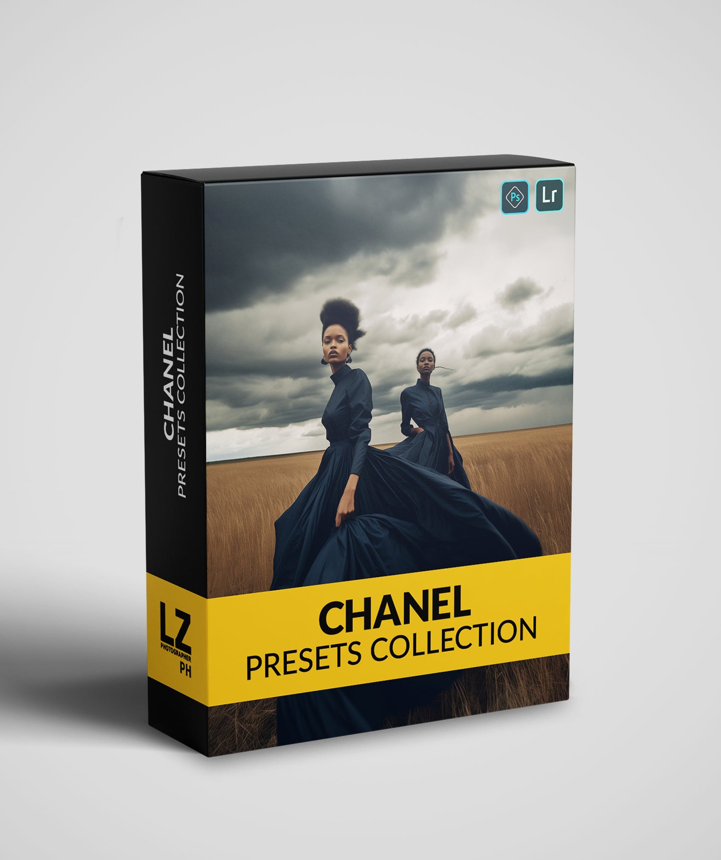 This image shows the Chanel preset packaging. In this box are depicted two African girls in a black dress, they are walking in a corn field.