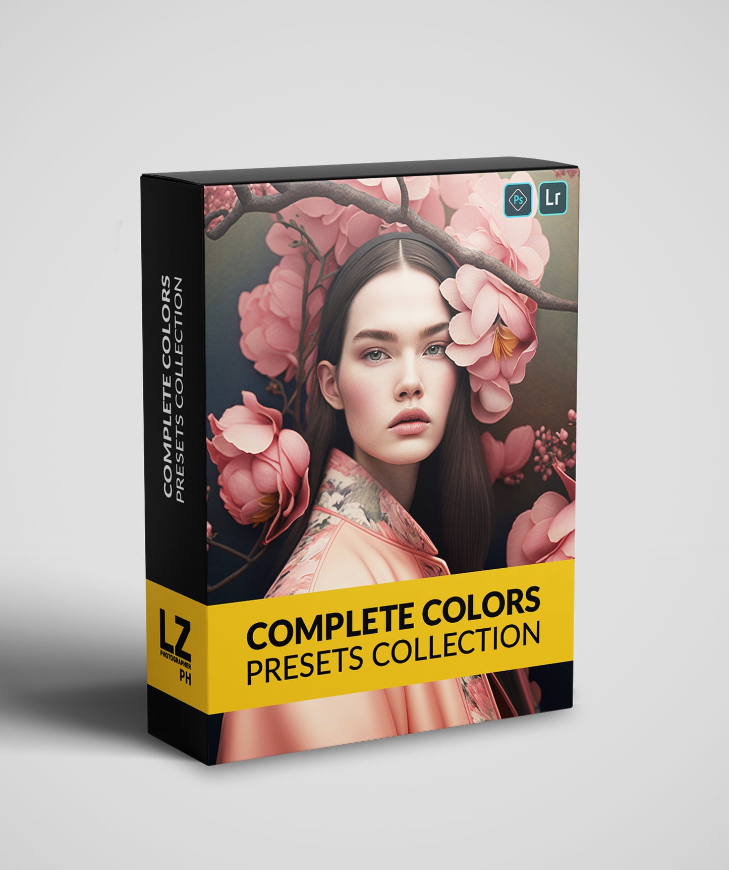 This image shows the packaging of the color preset collection. This box features a Japanese girl in a Japanese dress and a magnolia flower