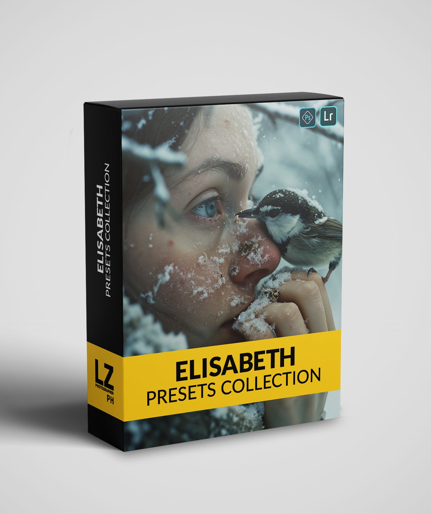 This image shows the packaging of the Elisabeth presets. In this box there is a girl with blue eyes, with some snow in her hand and on her face and a little bird in her hand