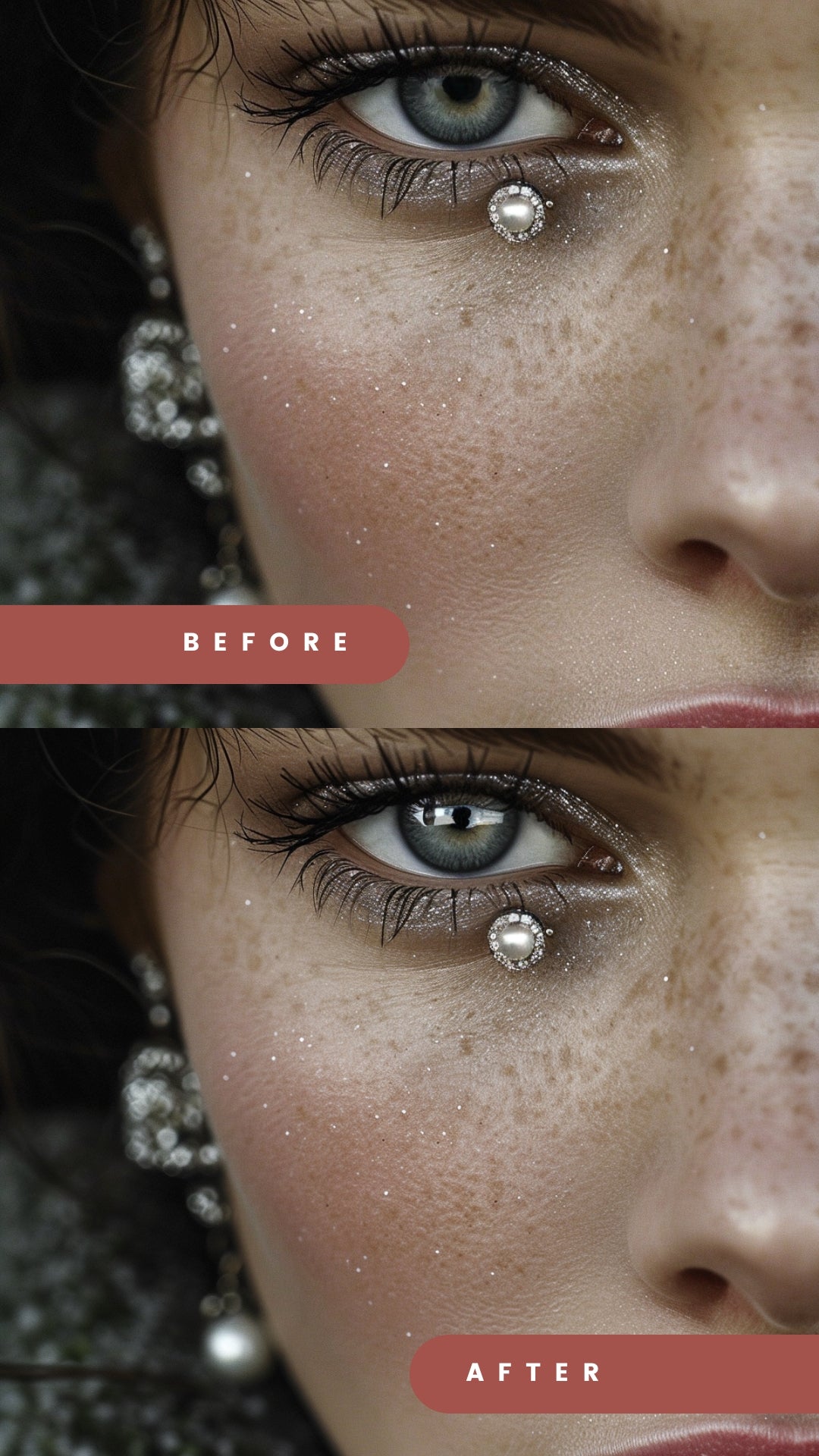 Before and after effect using "Eye Light Brushes" on a portrait. The editing enhances the eye light, creating a more intense and captivating gaze.
