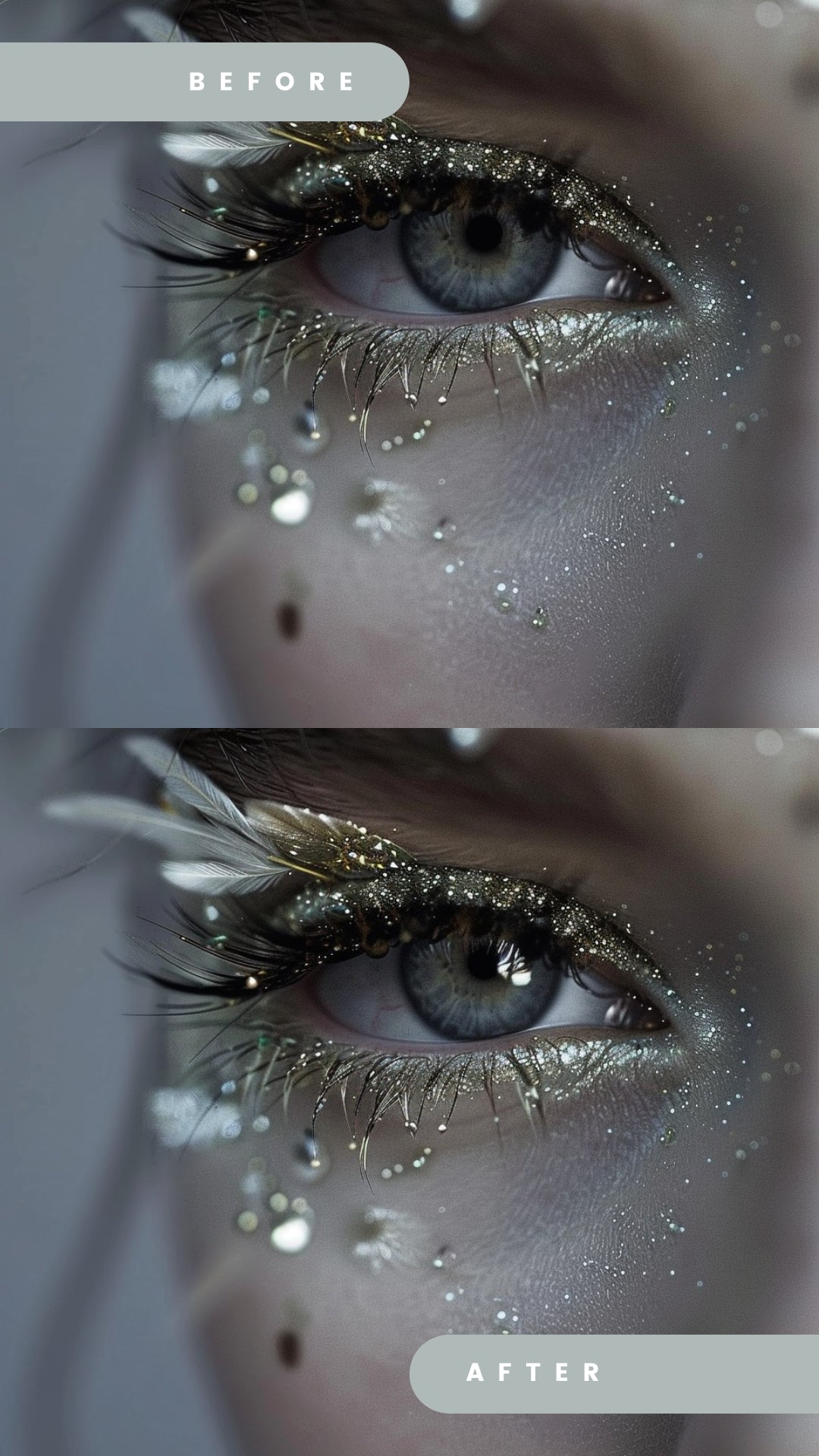 Close-up portrait showing the before and after effect of "Eye Light Brushes." The brush adds sparkling reflections and greater eye definition for a stunning result.