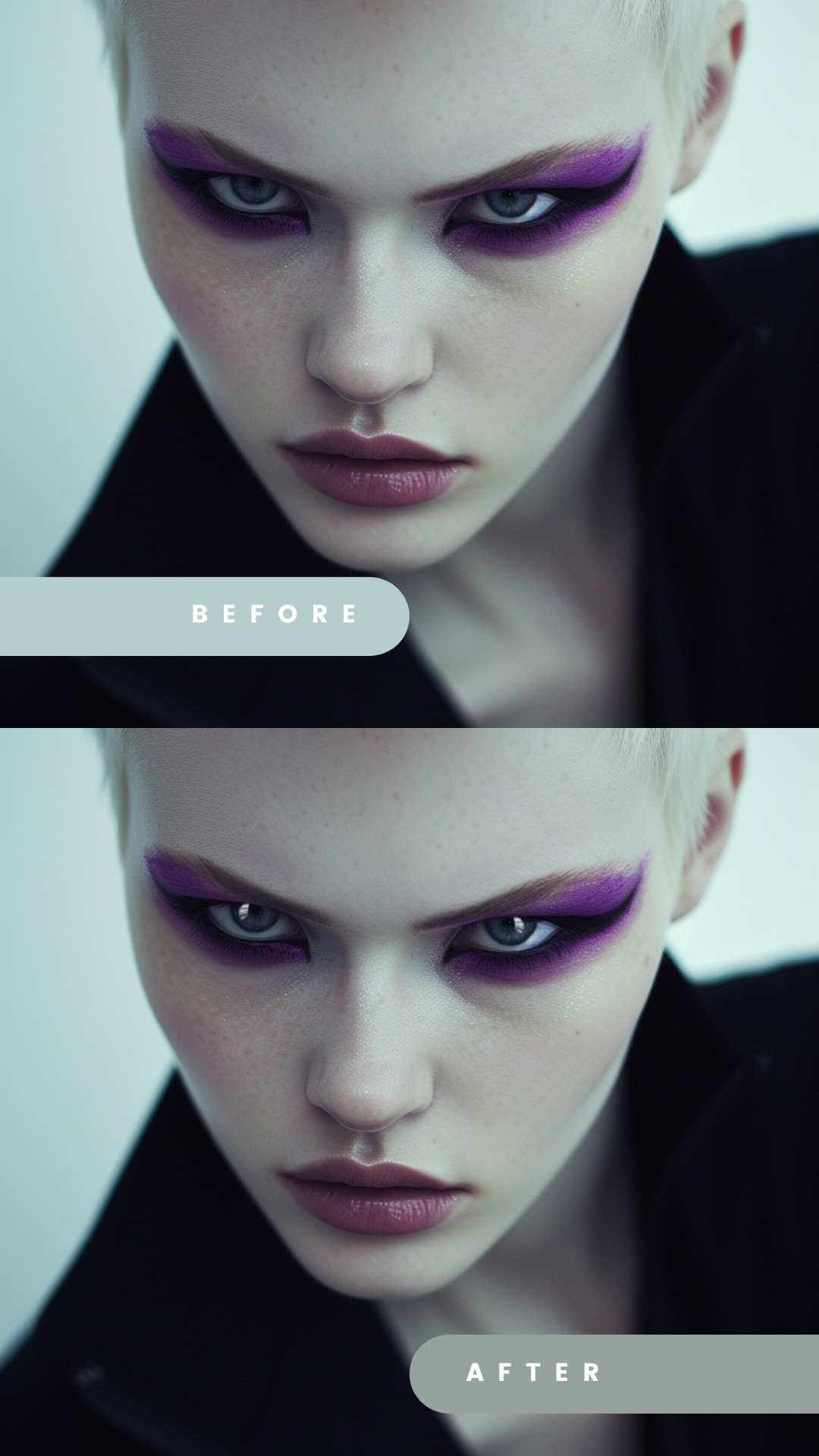 Before and after comparison of "Eye Light Brushes" applied to a portrait. The Photoshop brush pack intensifies eye sparkle for a striking, professional finish.