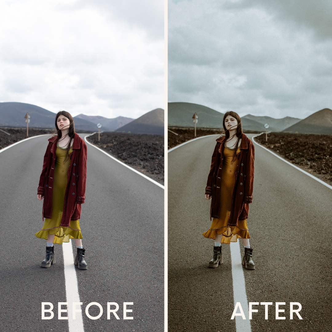 girl in the middle of a deserted street. this image is split in two to show the before and after using the KODAK-Vintage preset