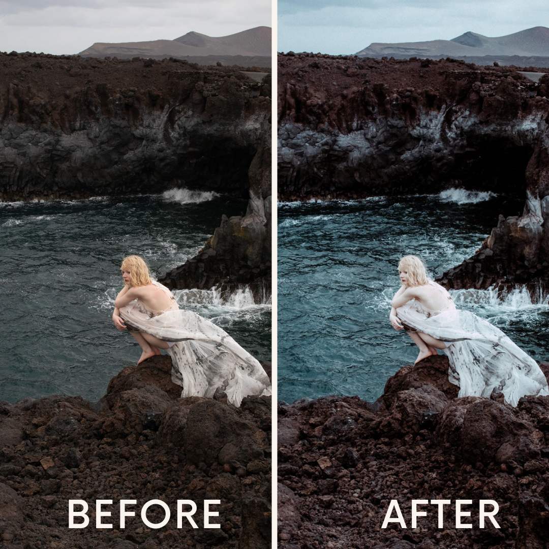 this image shows a girl curled up in a dress blowing in the wind at the edge of the coast. this image is split in two to show the difference between the before and after of using the KODAK-Vintage preset