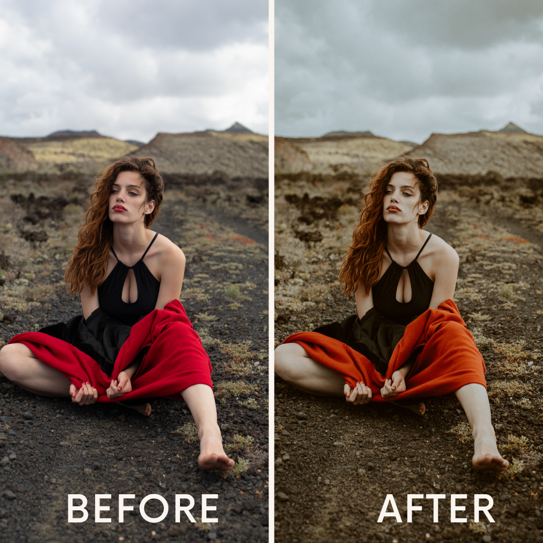 this image shows a girl sitting in the desert. this image is split in two to show the difference between the before and after of using the KODAK-Vintage preset