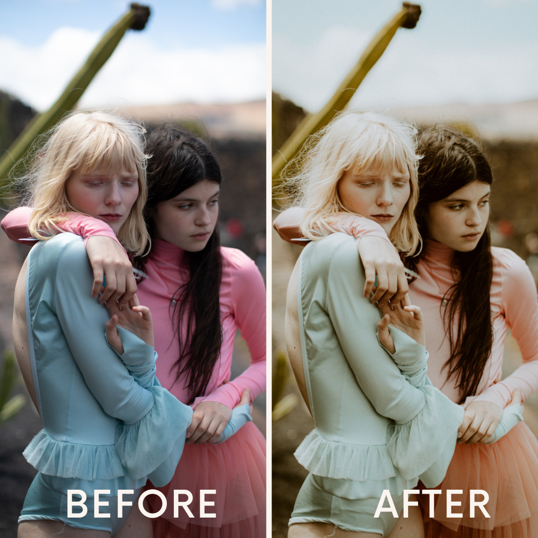 this image shows two young girls hugging each other. on the left side you see the image before using the preset, on the right side you see the after.
