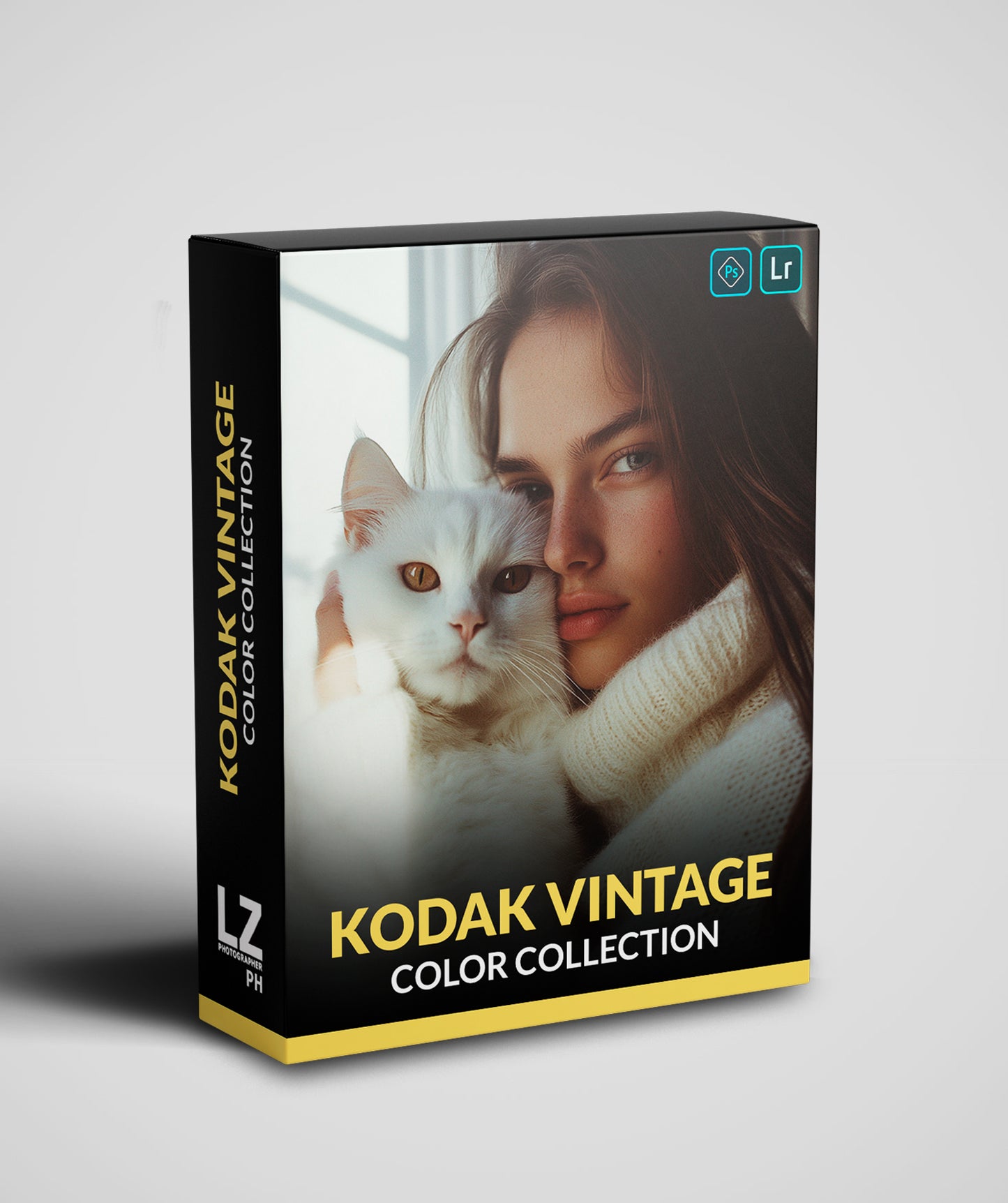 This image shows the packaging of the vintage Kodak preset. In this box is depicted a brown-haired girl with long hair holding a cat with white fur and orange eyes.