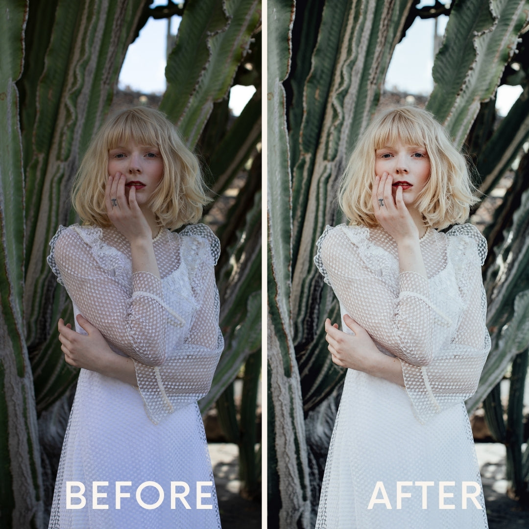 Woman in a white dress stands by cacti. Left photo labeled BEFORE, right photo brightened and labeled AFTER using the preset Capture One