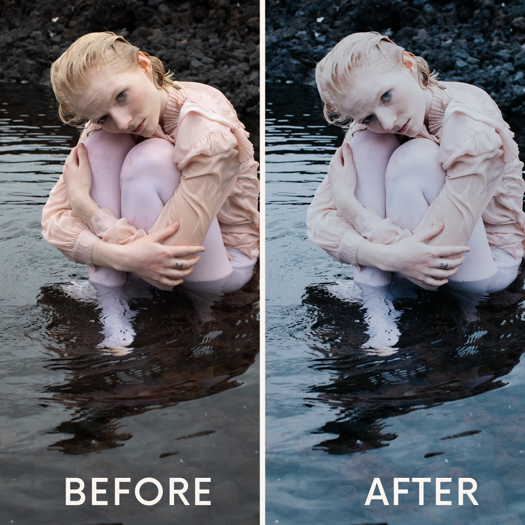 Before and after preset comparison: portrait of a blonde model in a pink dress and white tights, sitting in dark water with captivating reflections.