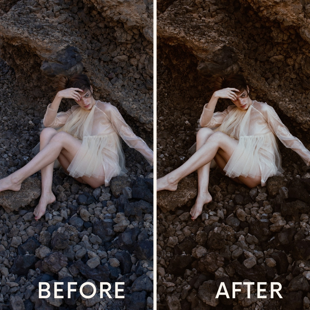 Before and after preset effect: model in a sheer cream dress, sitting on volcanic rocks, with warm light and an intense atmosphere.