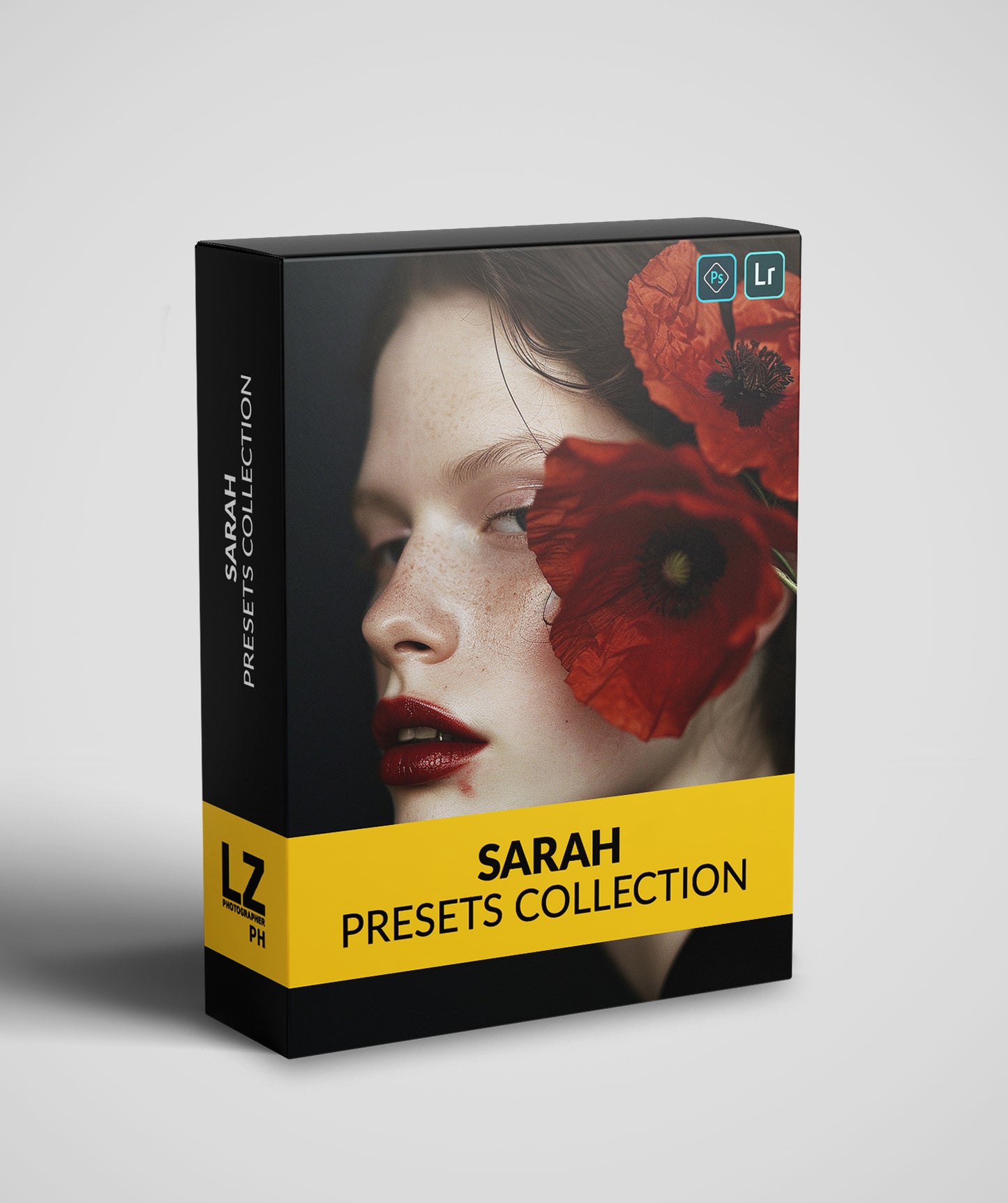 This image shows the packaging of the Sarah presets. In this box there is a girl with freckles and a poppy in her hair