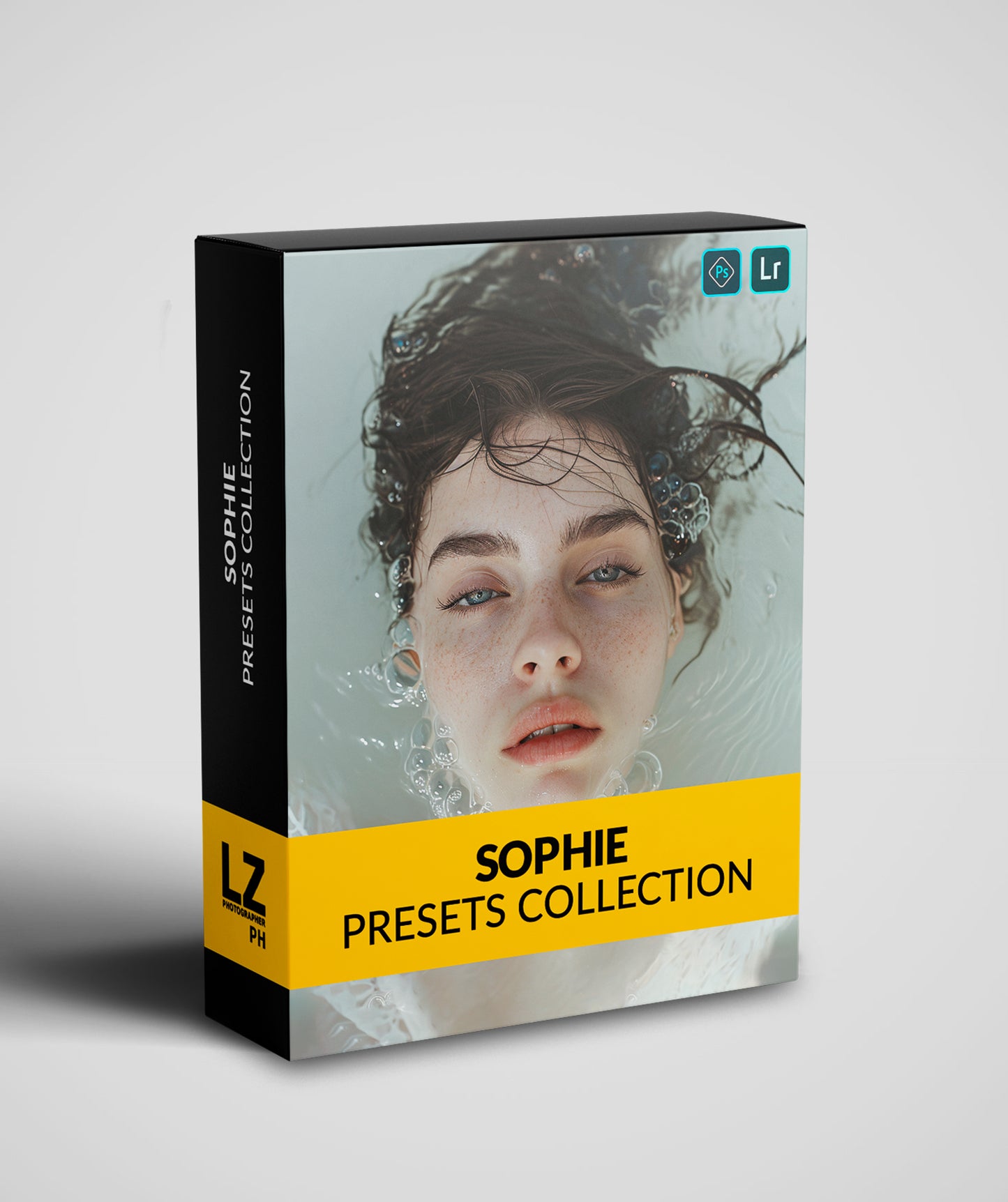 This image shows the packaging of the Sophie preset. In this box there is a girl with blue eyes immersed in water, only her face remains outside