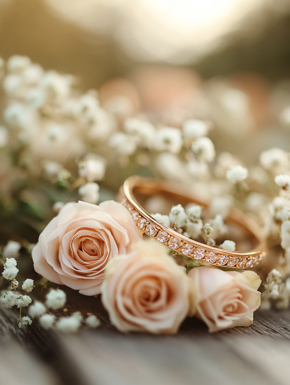 wedding ring on top of a bouquet of pink roses