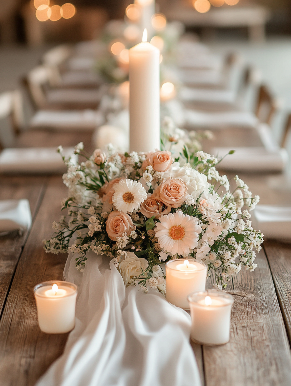 a wooden table set for a wedding lunch. In the middle there is a lit white candle and a bouquet of flowers