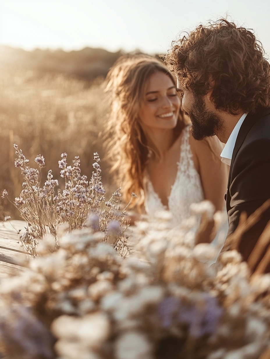 wedding couple looking at each other in a wheat field. the images are beautiful thanks to the wedding preset.