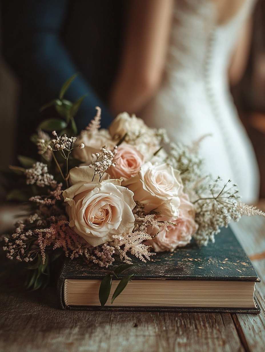 the guestbook on a wooden table. On top of the book there is a bouquet of flowers. this image is beautiful thanks to the wedding preset