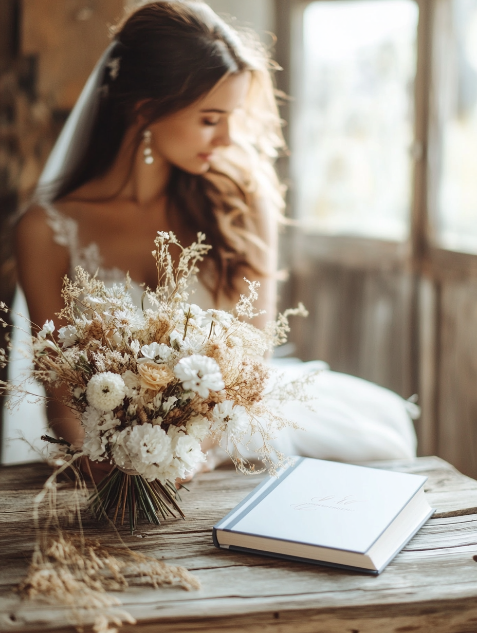 a bride who is thinking. in front of her there is a wooden table on which there is the signature book and next to it there is a bouquet of flowers. this image has beautiful colors thanks to the preset for weddings