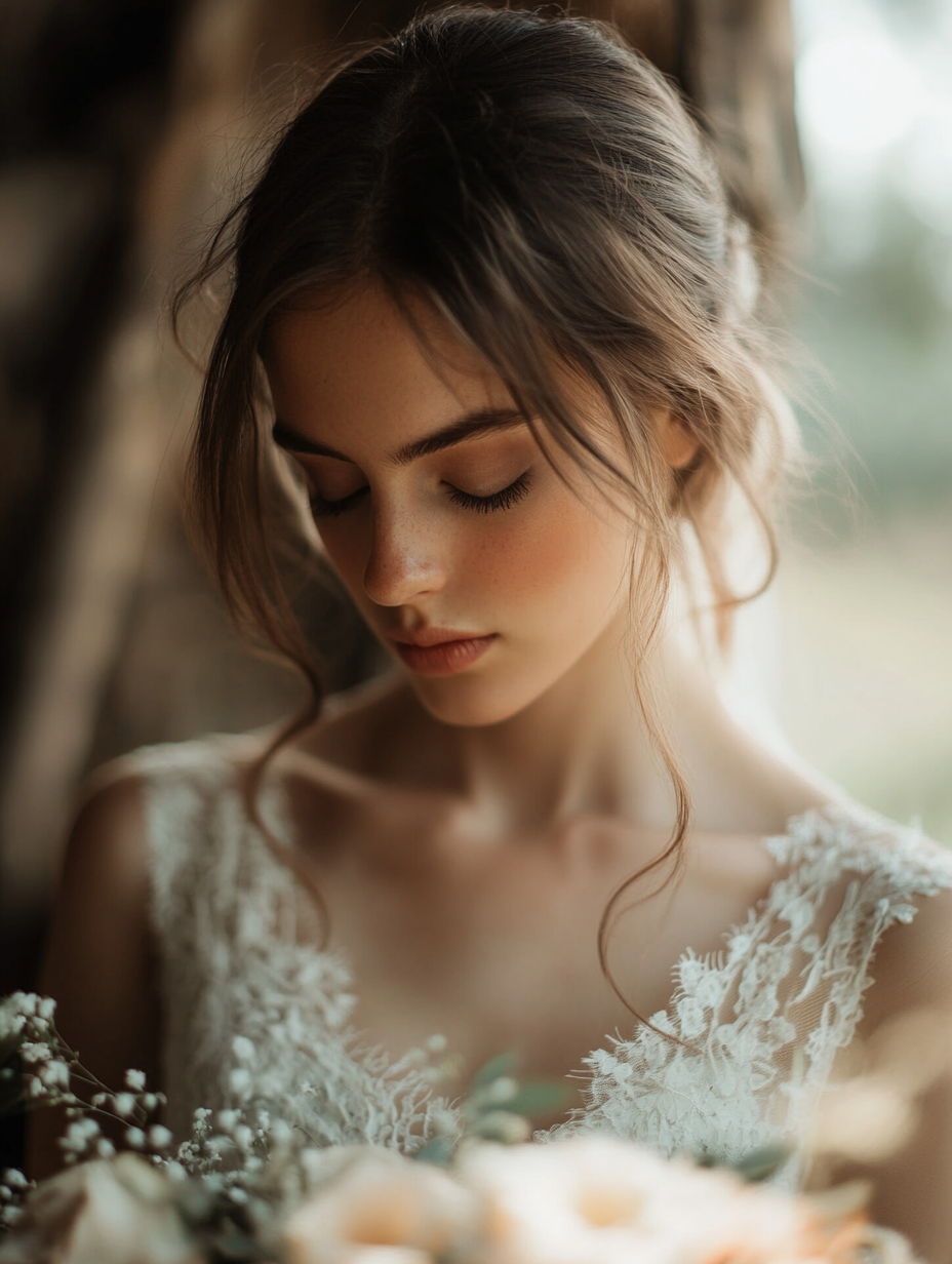 image of the bride with her head bowed looking at the bouquet of flowers she is holding.