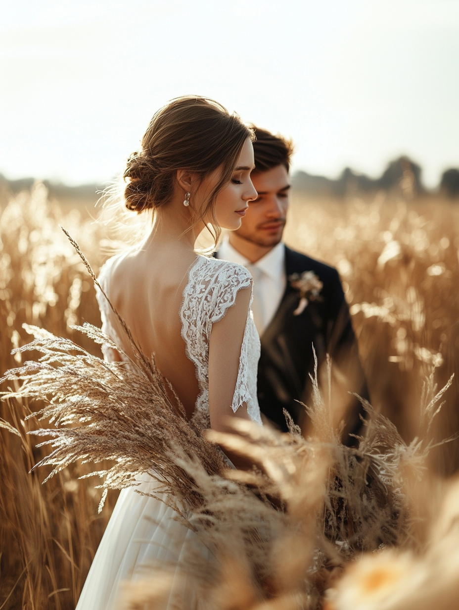 the married couple who is immersed in the ears of wheat. very nice image thanks to the preset for weddings