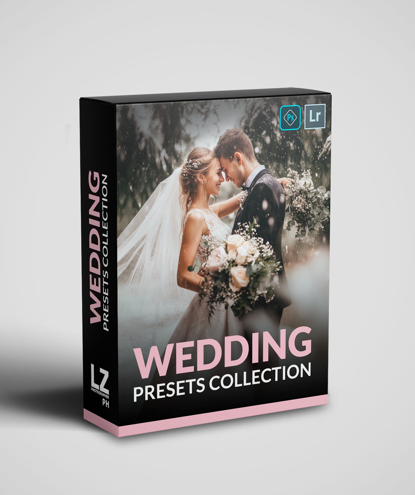 Wedding Presets Collection box for Lightroom and Photoshop, featuring a romantic bride and groom embracing in a snowy setting with warm tones and elegant editing.