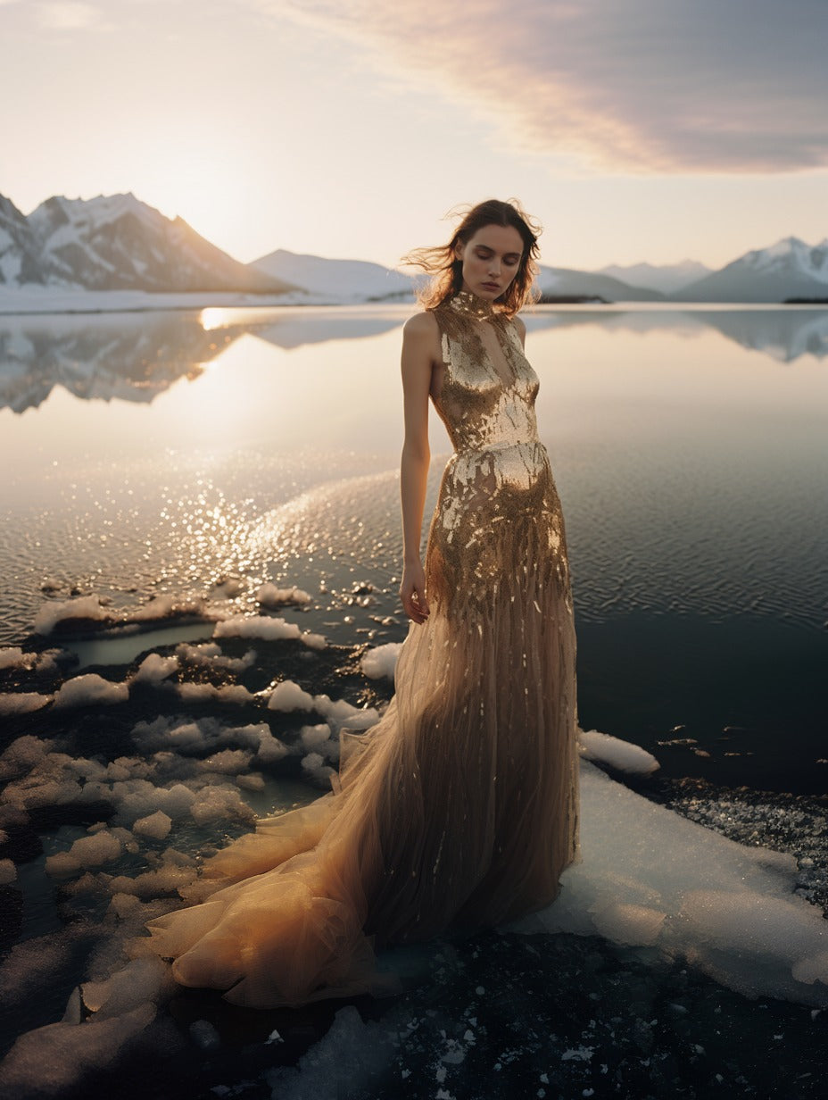 Modella in abito dorato scintillante su una superficie ghiacciata al tramonto, con paesaggio montano innevato riflesso nell'acqua. Eleganza e contrasto tra lusso e natura selvaggia. Fotografia artistica e fashion in ambiente invernale.