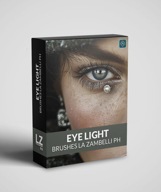 Packaging of "Eye Light Brushes" by La Zambelli PH, a set of digital brushes for Photoshop designed to enhance eye brightness and depth in portraits.